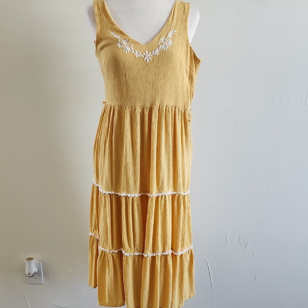 ‼️Last CHANCE‼️ Joie Mustard Tiered Maxi Dress with White Floral Embroidery